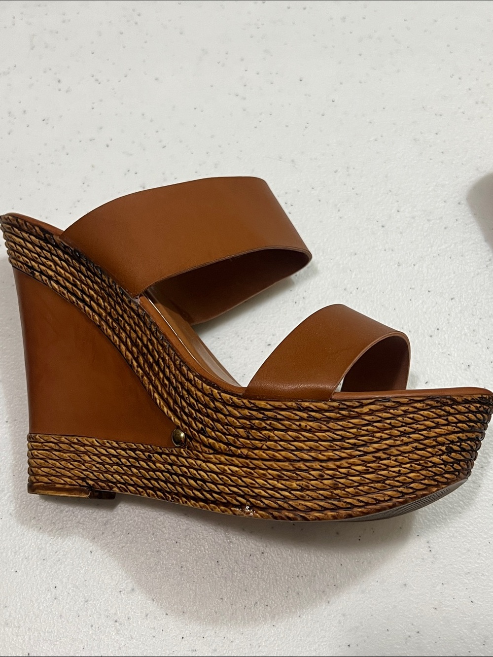 Herstyle Cognac Brown Double-Strap Wedge Sandals